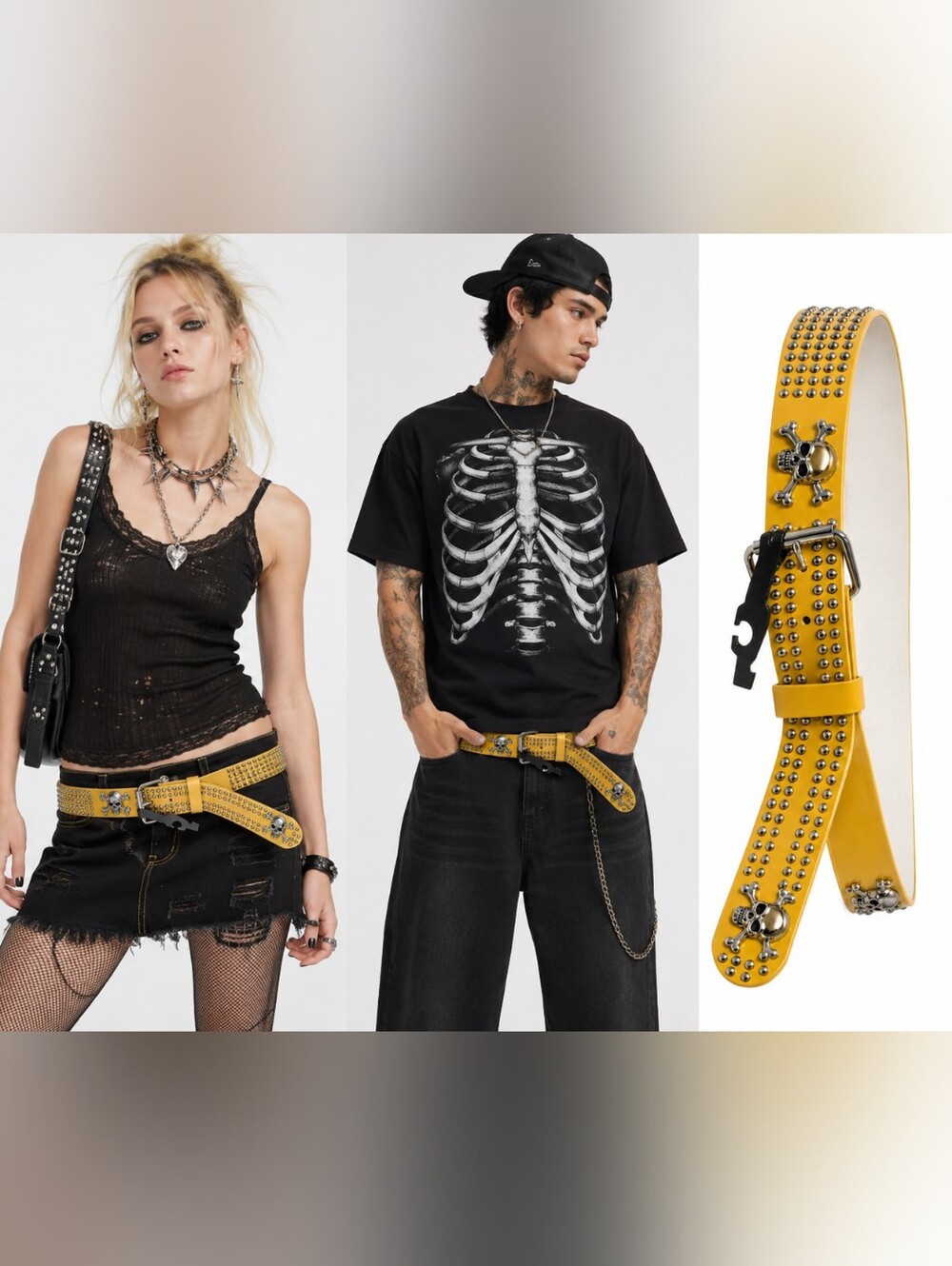 NWT Vintage Y2K Yellow Leather Studded Skull Belt Unisex Punk Goth Alternative